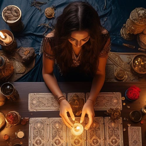 Cartomante che contempla una candela, vista dall'alto