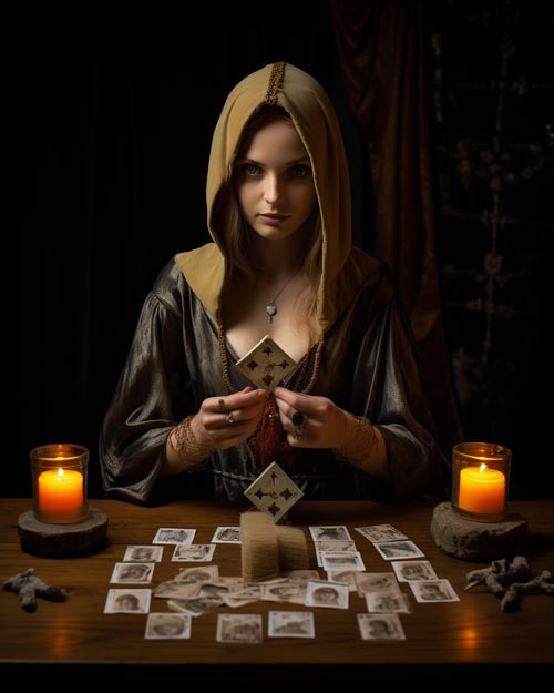 Cartomante con cappuccio che estrae tarocchi